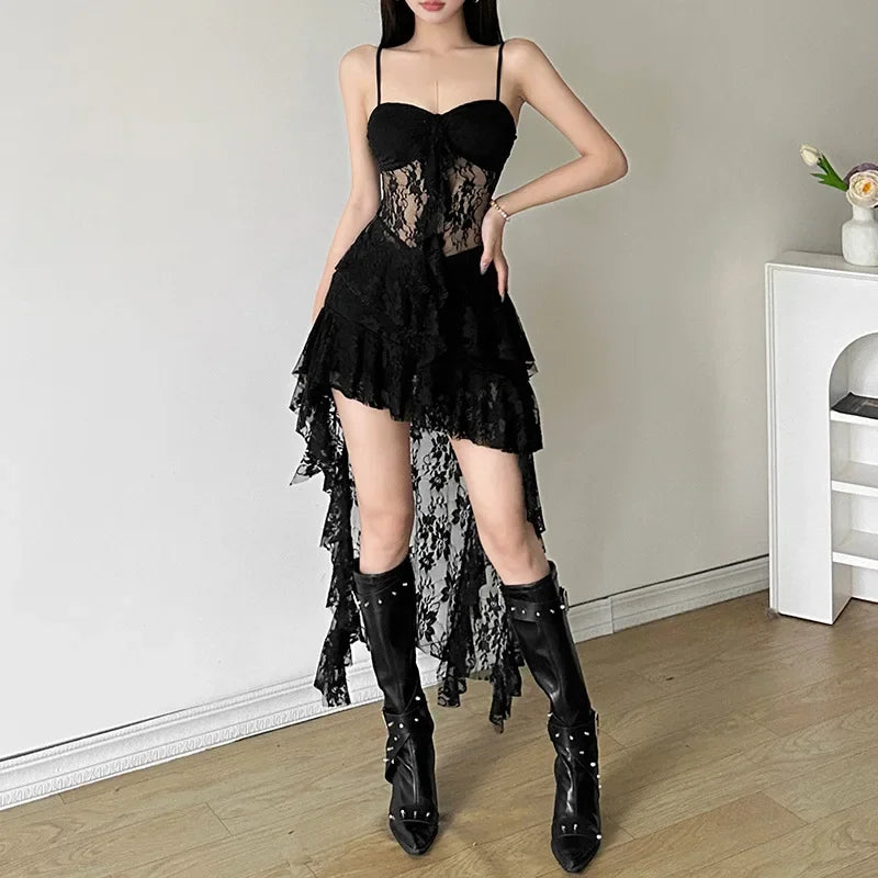 Women Dress Sexy Patchwork Mesh Strapless Irregular Waist Ruffled Split Black Dresses 2024 Fashion Night Party Vestidos