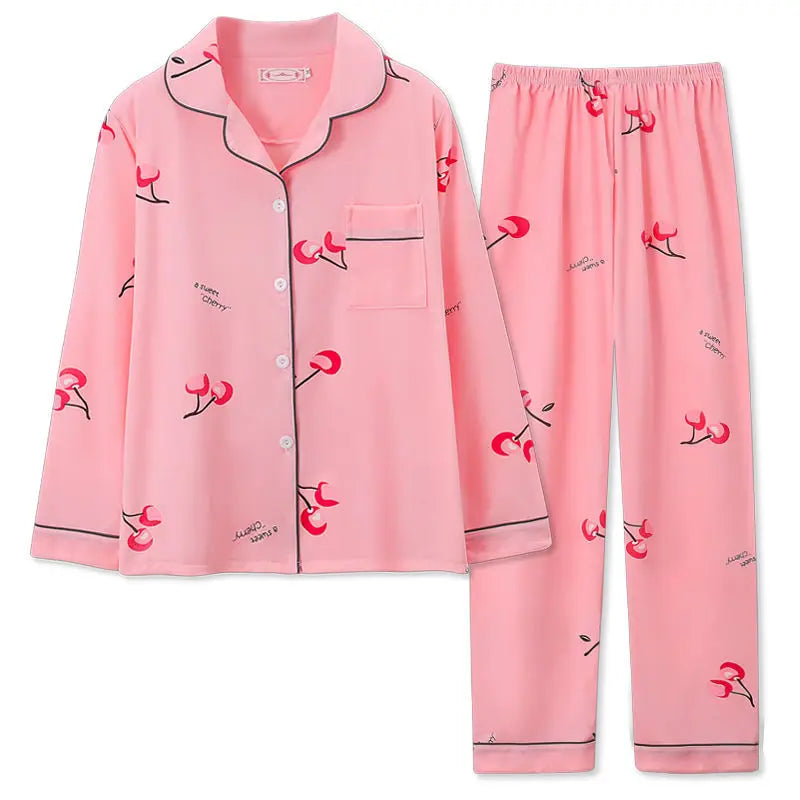 Women's Pajamas Student Spring and Autumn Sleepwear Long-sleeved Shirt V-neck Casual Thin Pijama Long Pants Cartoon Homewear