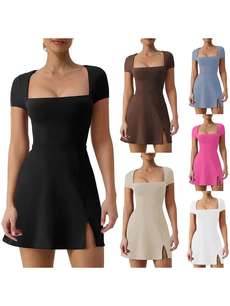 Women Mini Dress Solid Color Square Neck Short Sleeve A-line Dress Fashion Summer Slit Dress