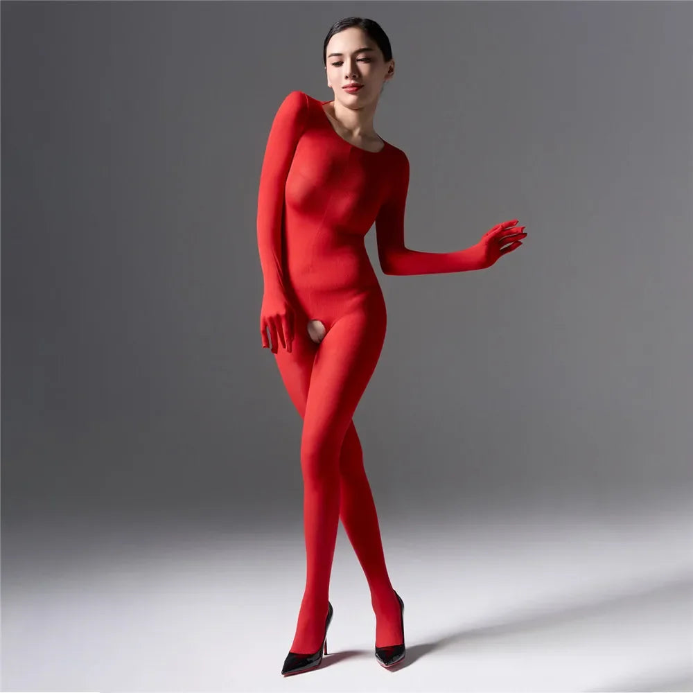 Women's Jumpsuit With Hooded High Elastic Unitard Oil  Shiny Glossy Sexy Bodysuit Five Finger Gloves Tights Skinny Shaper Wear