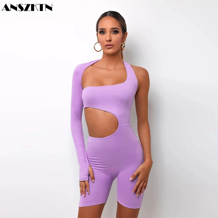 ANSZKTN Skinny Fitness Womens Playsuit 2020 Asymmetrical Solid Ladies Jumpsuits Elastic Ribbed Jumpsuits Bodycon Jumpsuit