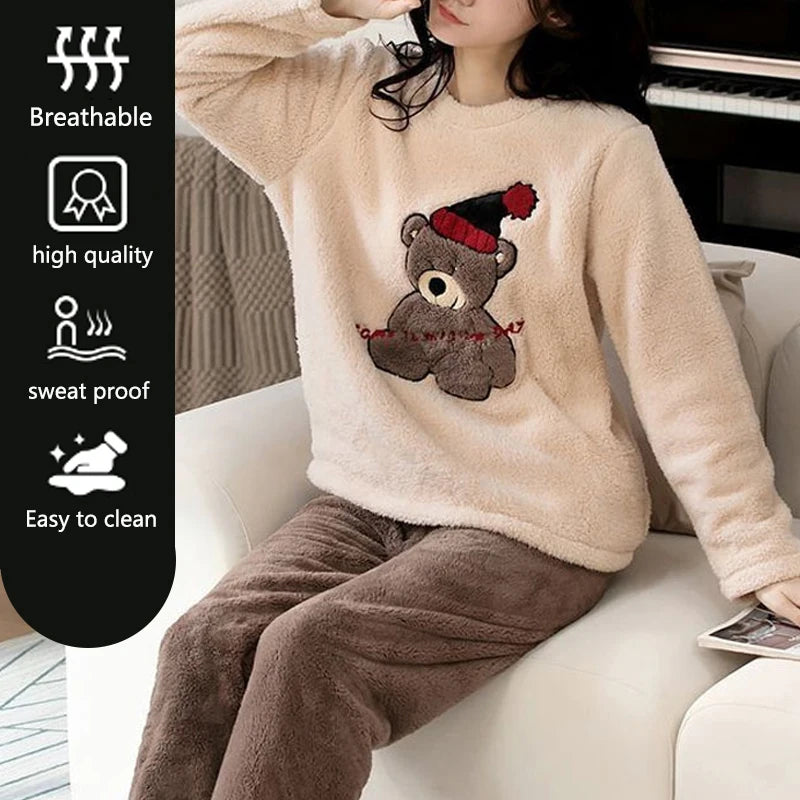 2pcs/Set Large Size Padded Thickened Warm Fall And Winter Women's Pajamas Long-Sleeved Long Pants Set Coral Velvet Cartoon Bear