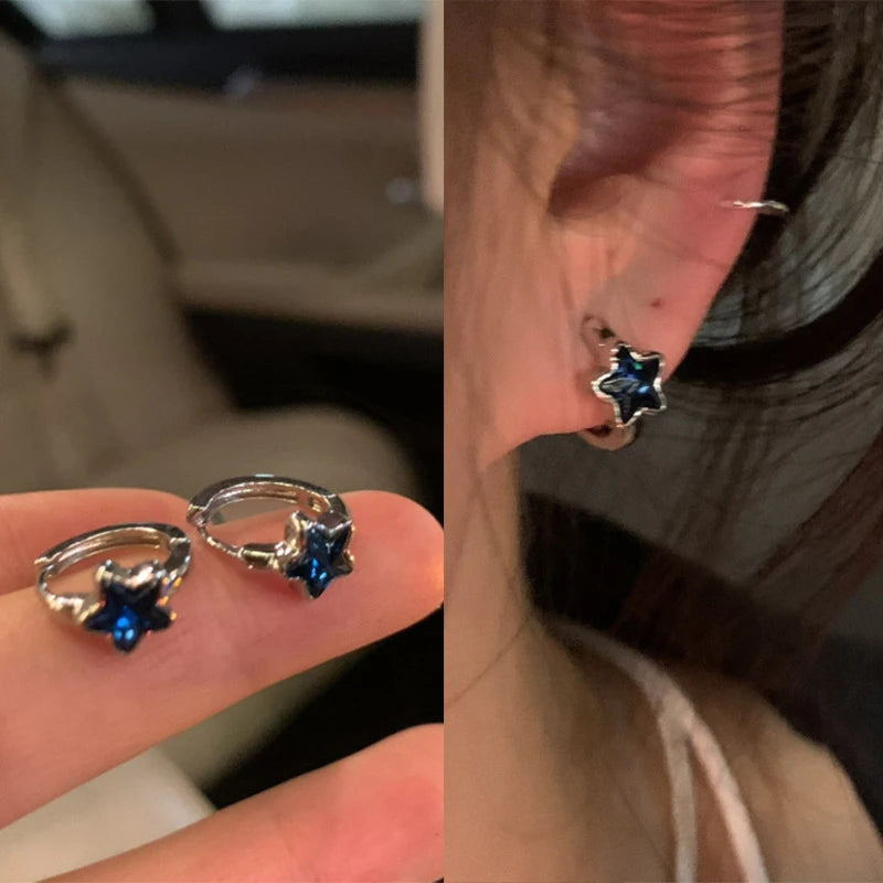 Sweet Cool Harajuku Blue Rhinestone Star Pentagram Hoop Earrings Exquisite Hot Girls Star Ear Rings for Women Korean Jewelry