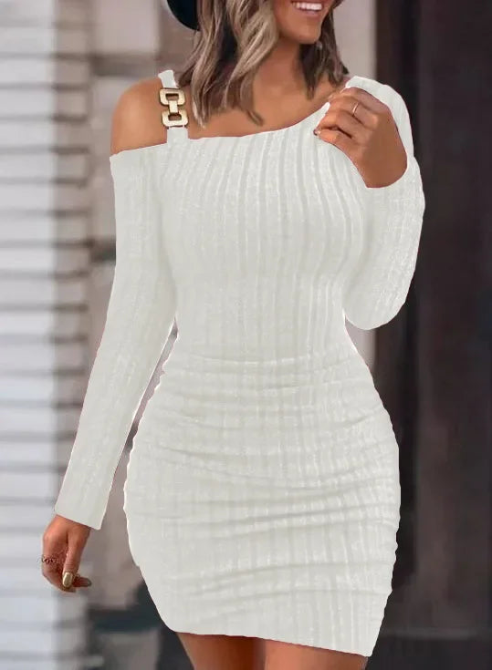 Autumn Winter New Women Dress Solid Button Oblique Off Shoulder Tight Wrap Hip Slim Sexy Long Sleeve Mini Dress Women Clothing