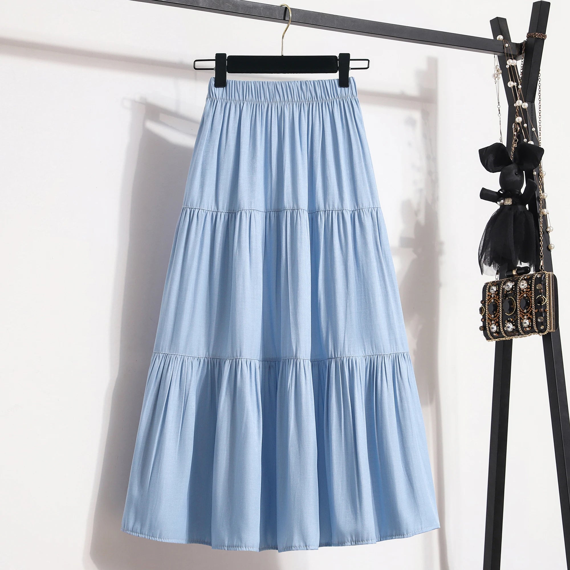 Women's Patchwork Denim Color Spliced A-line Skirt Tencel Big Swing Long Thin Skirt