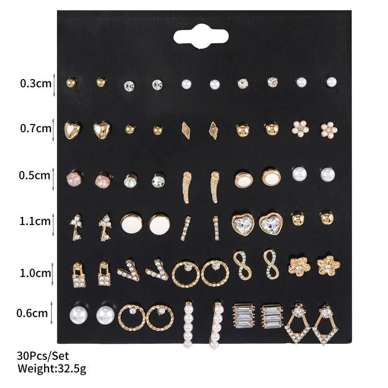 New Design 30Pairs/lot Mixed Crystal Small Stud Earrings Sets For Women Girl Heart Flowers Moon Ear Jewelry Accessories