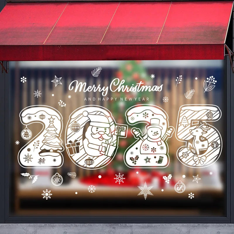 2025 Merry Christmas Electrostatic Window Sticker Happy New Year Shopping Mall Window Sticker Santa Claus Snowflake Window Decal