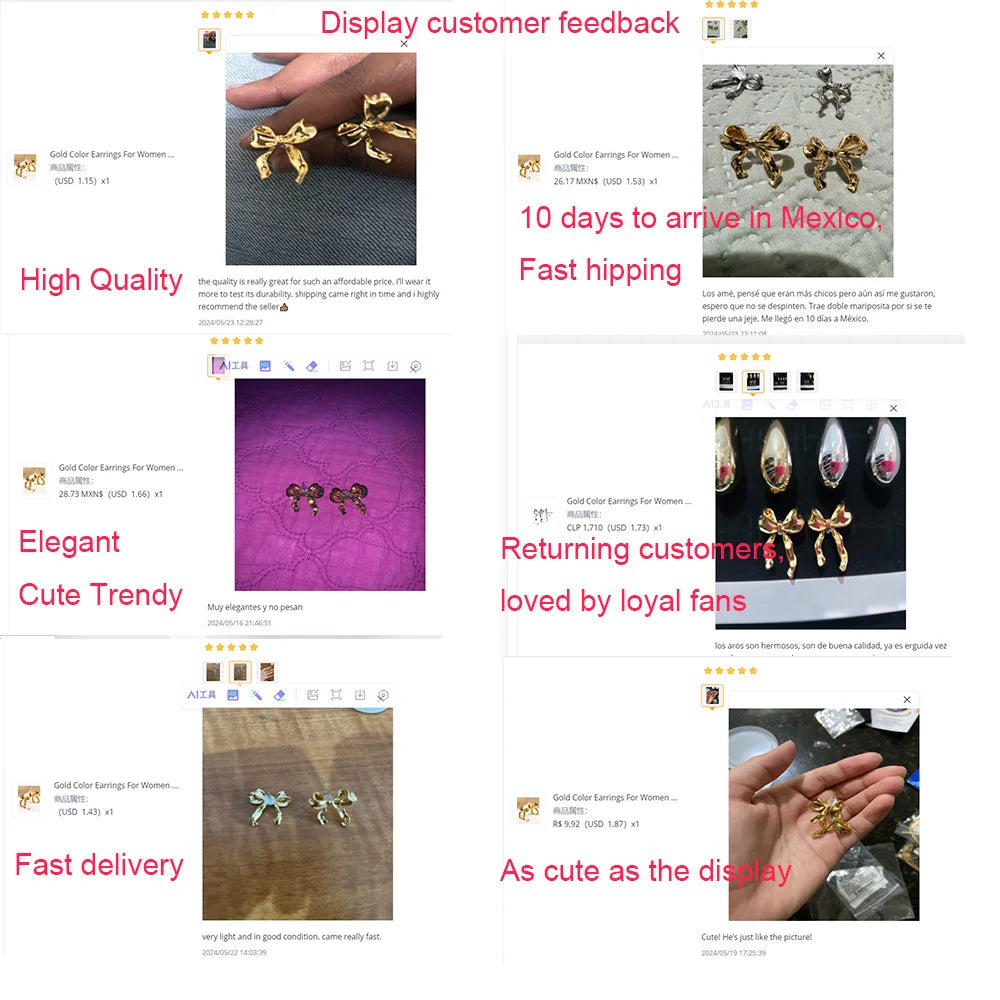 Gold Color Earrings For Women Bow Stud Nail Earring Fashion Cute Jewelry Piercing Ear Accessories Christmas Gift Aretes