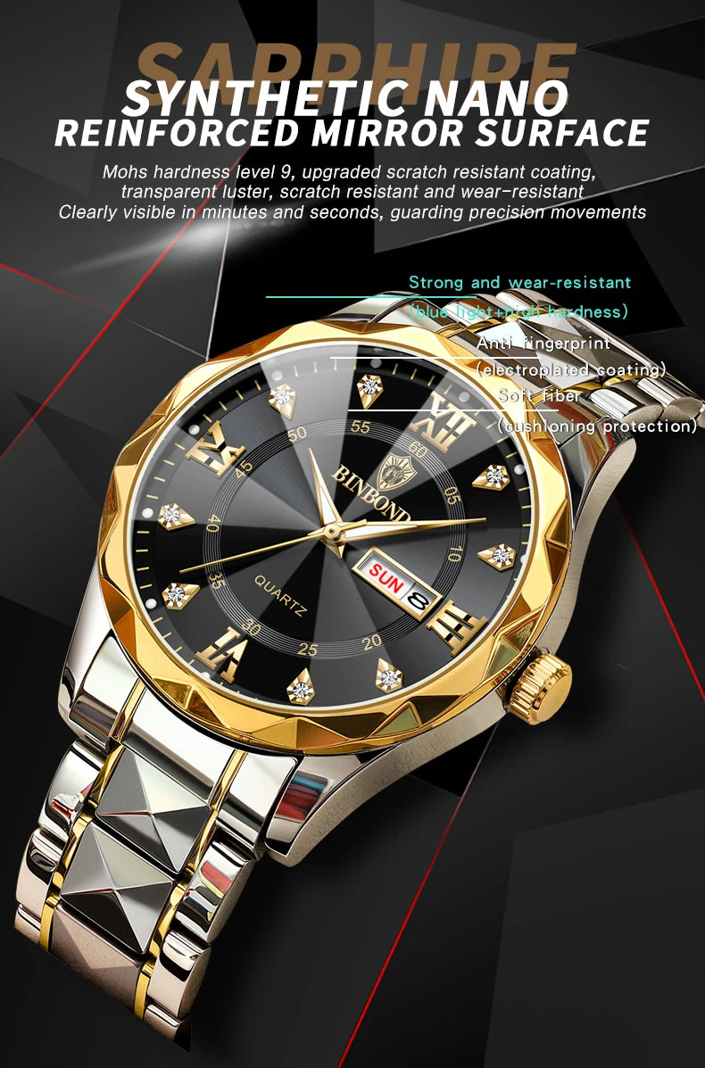 BINBOND Top Brand Luxury Fashion Quartz Watch Men Waterproof Week Date Clock Stainless Steel Sport Watch Men Quartz Wristwatch