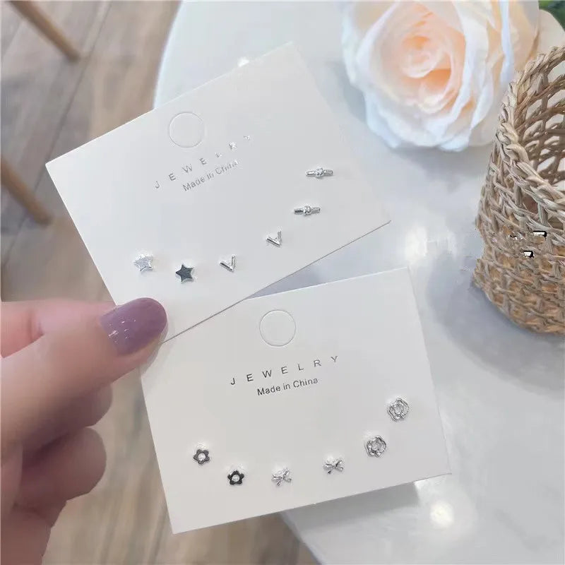 6/7Pair Set Cute Zircon Pearl Geometry Stud Earrings for Women Girl Exquisite Party Dailywear Jewelry Birthday Gift Accessories