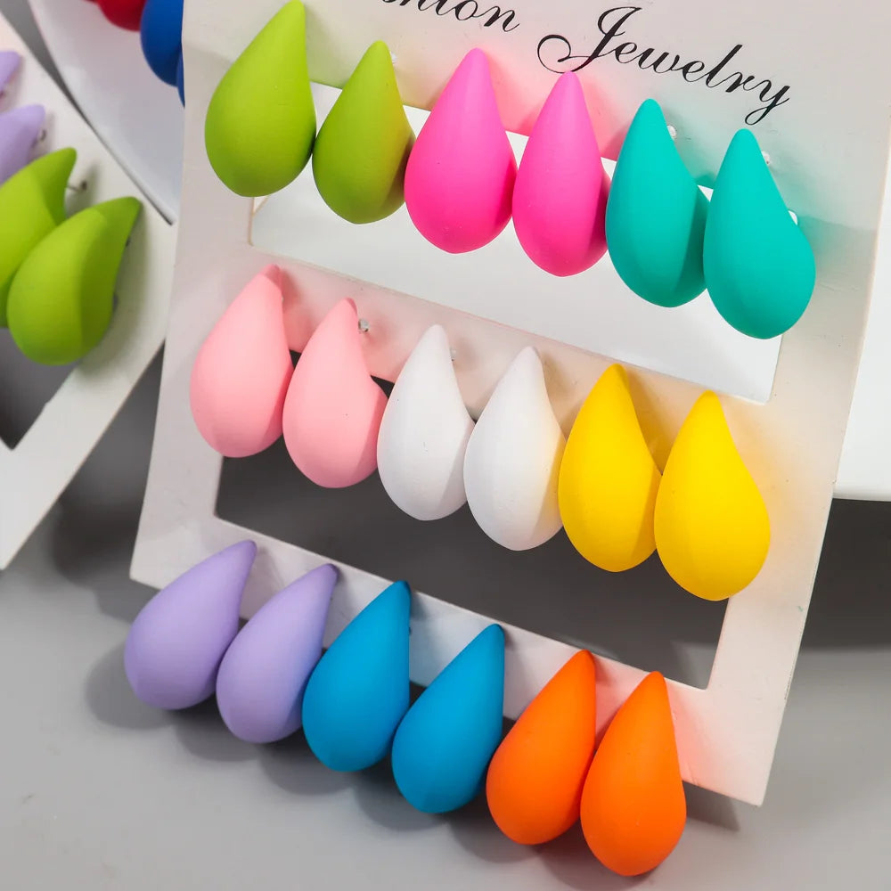 New 9Pair/Set Acrylic Small Chunky Waterdrop Earrings Dupes for Women Matte Colorful Dome Tear Drop Earring Hoops Trendy Jewelry