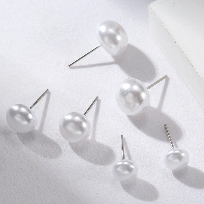 Fashion 12 pairs/set White Imitation Pearl Stud Earrings For Women Girls Ear Jewelry Round Ball 8mm 10mm 12mm