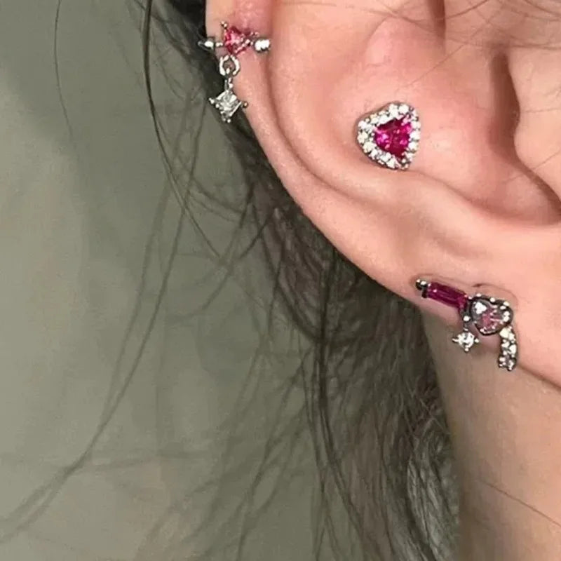 1 PC New Rose Red Color Zircon 316L Stainless Steel Ear Bone Nail Y2K Gothic Love Heart Small Earrings for Women Jewelry