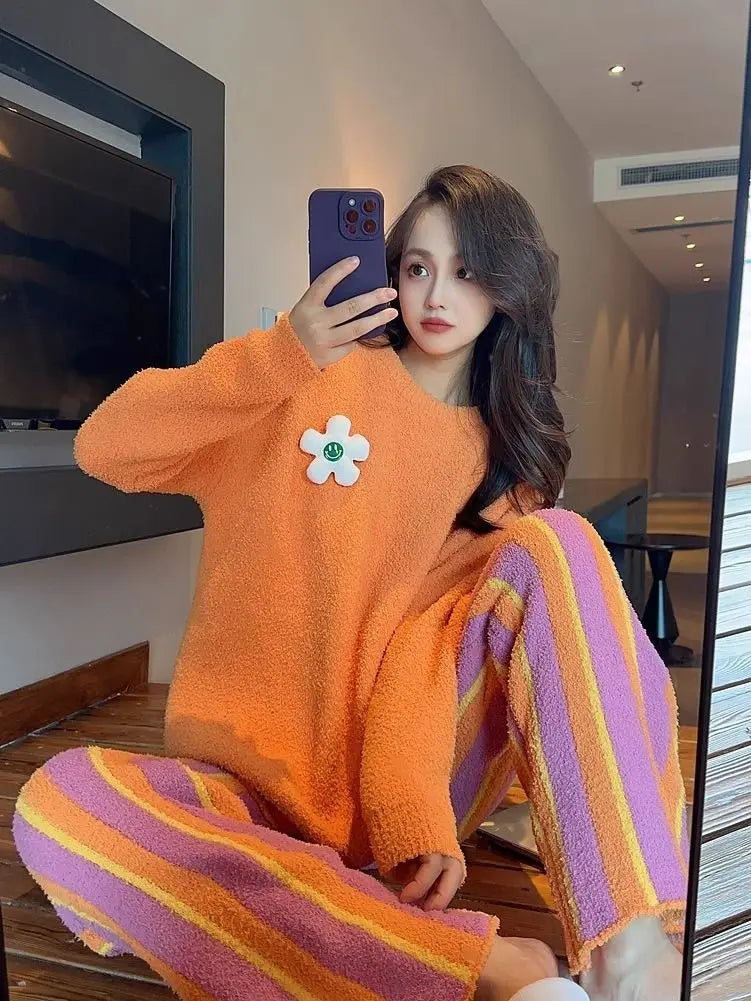 Fluffy Pajamas Set for Women Casual Sleepwear Tank Sunflower Plus Size Hoodie Leisure Homsuit Winter 2 Pieces Pijamas Set Kawaii