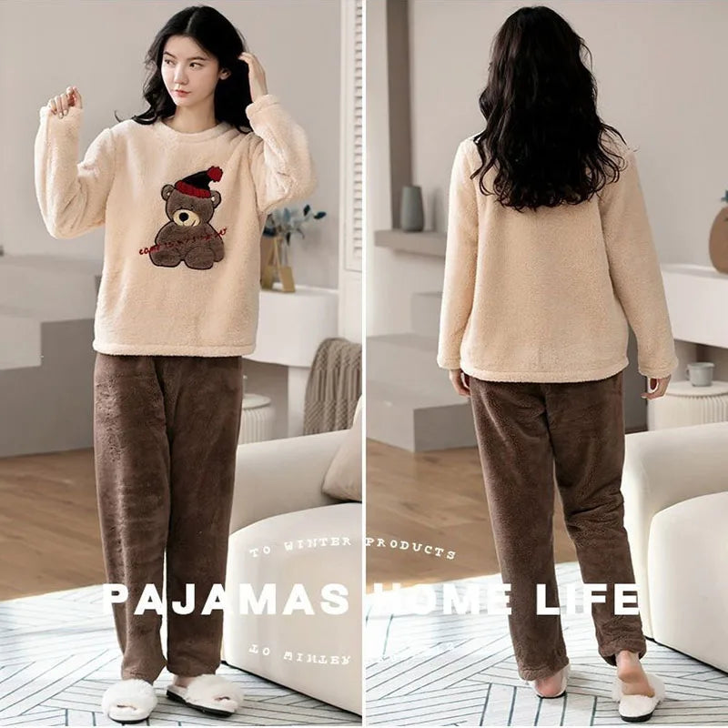 2pcs/Set Large Size Padded Thickened Warm Fall And Winter Women's Pajamas Long-Sleeved Long Pants Set Coral Velvet Cartoon Bear