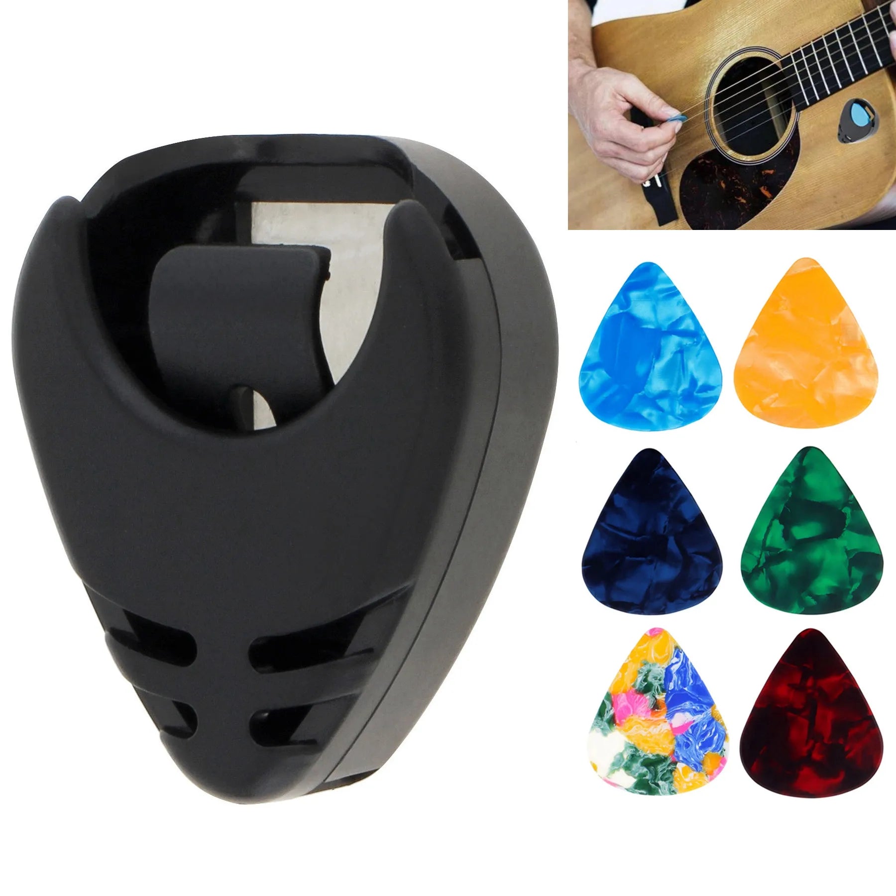 Black Plastic Stick on Guitar Pick Holder for Acoustic Ukulele / Guitar / Bass with Adhesive Back, Convenient Picks Placement