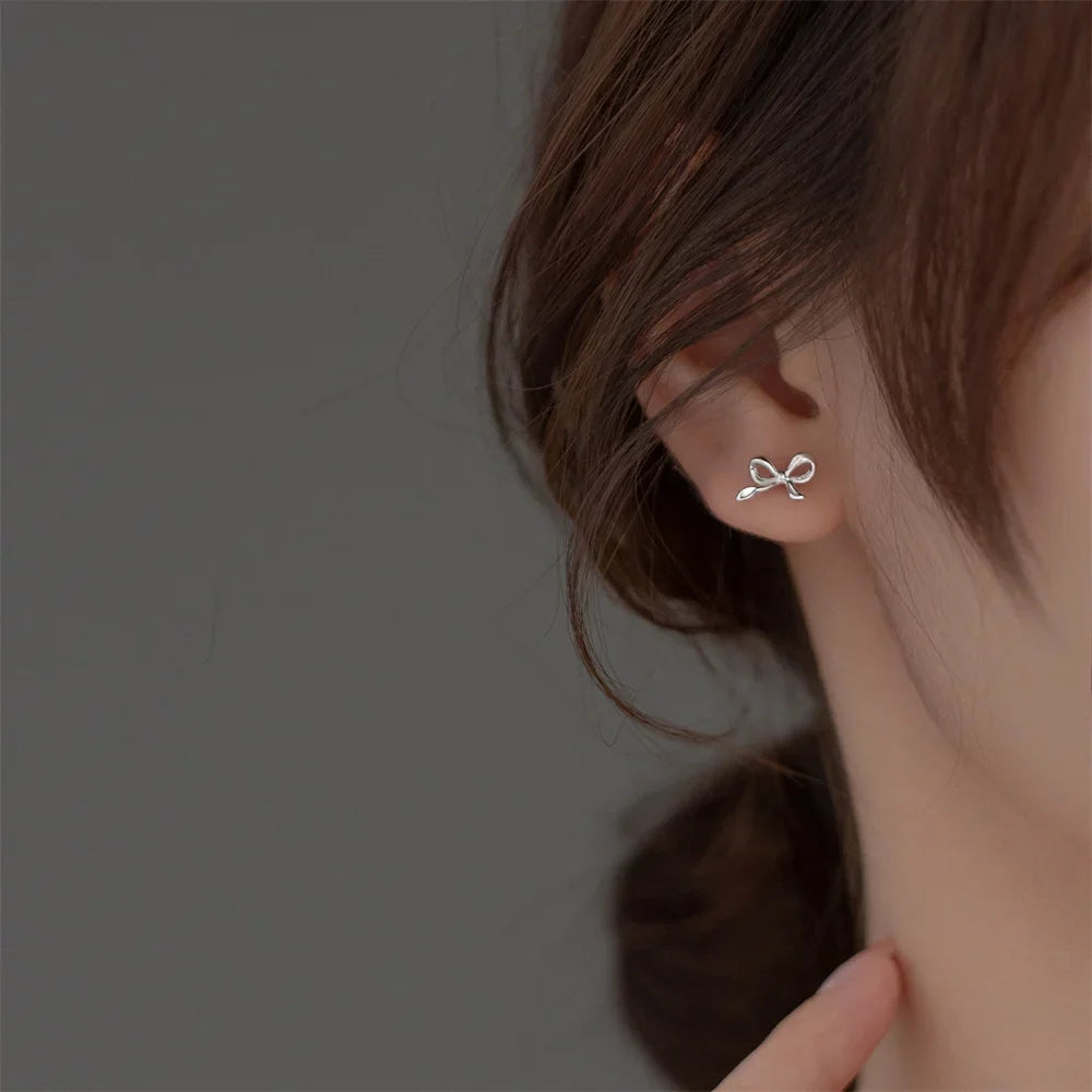 Fashion Earrings for Women Sweet Cute Bow Stud Earring 925 Silver Needles Simple Minimalist Ear Piercing Jewelry Gifts