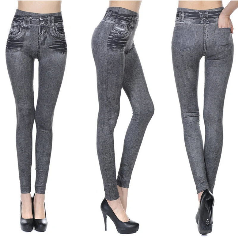 Elastic Leggings Imitation Denim Print Women Slim Fit Leggings Casual Pencil Pant Vintage Dye Middle Waist Female Clothes