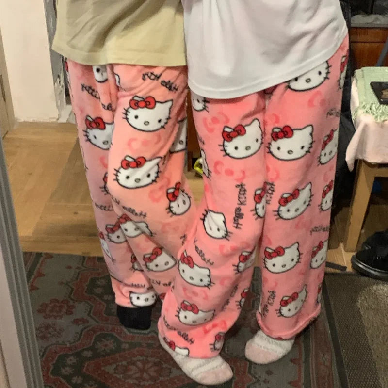 Kawaii Hello Kitty Pajamas Black Anime Flannel Women Warm Woolen Whitecartoon Casual Home Pants Autumn Fashion Trousers Gifts