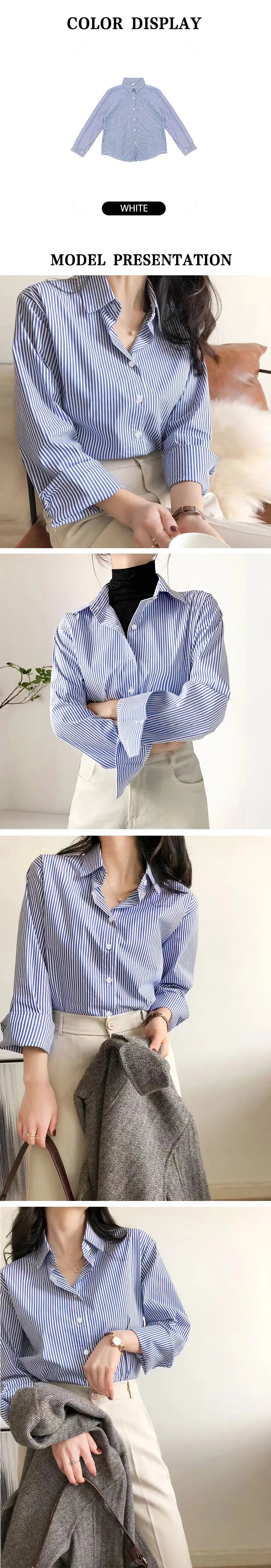 2024 New Women's Casual Shirt Comfortable Simple Striped Blue And White Classic Retro Spring And Autumn Long Sleeve Top