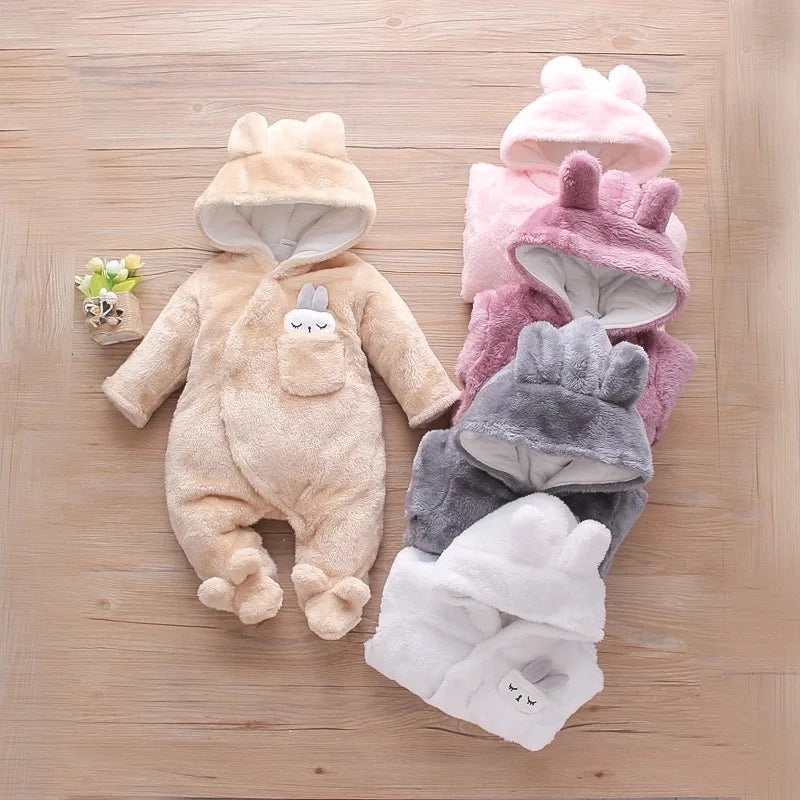 Autumn and Winter New Baby Plush Climbing Clothes Baby Warm and Thick Cartoon Dog Rabbit Cute Cotton Clothes for 0-2 Years