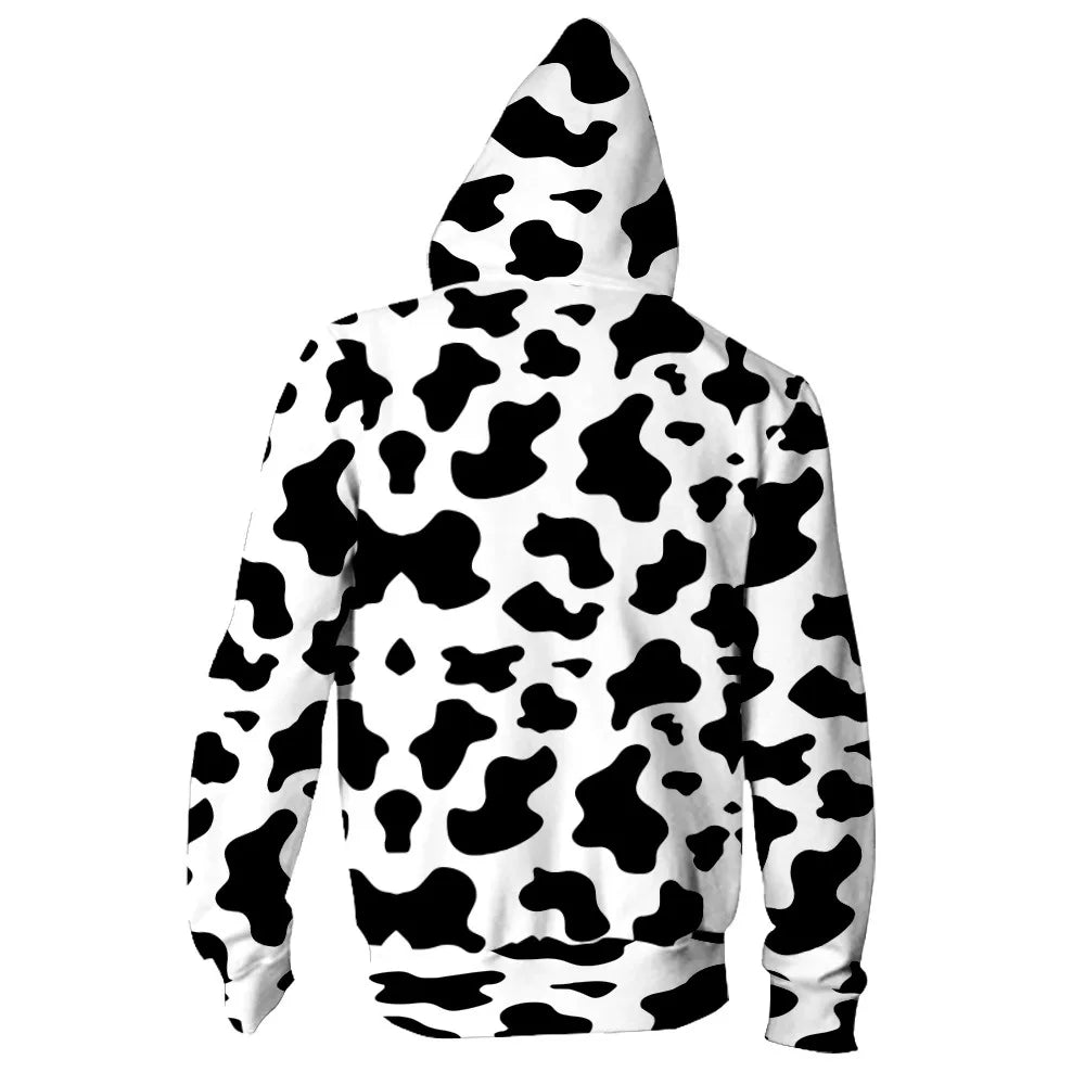 2025 Black White Cow Pattern Zip up Hoodies men women Hooded Sweatshirt Casual Oversized Fuuny Kids Jacket Coat Child Clothes