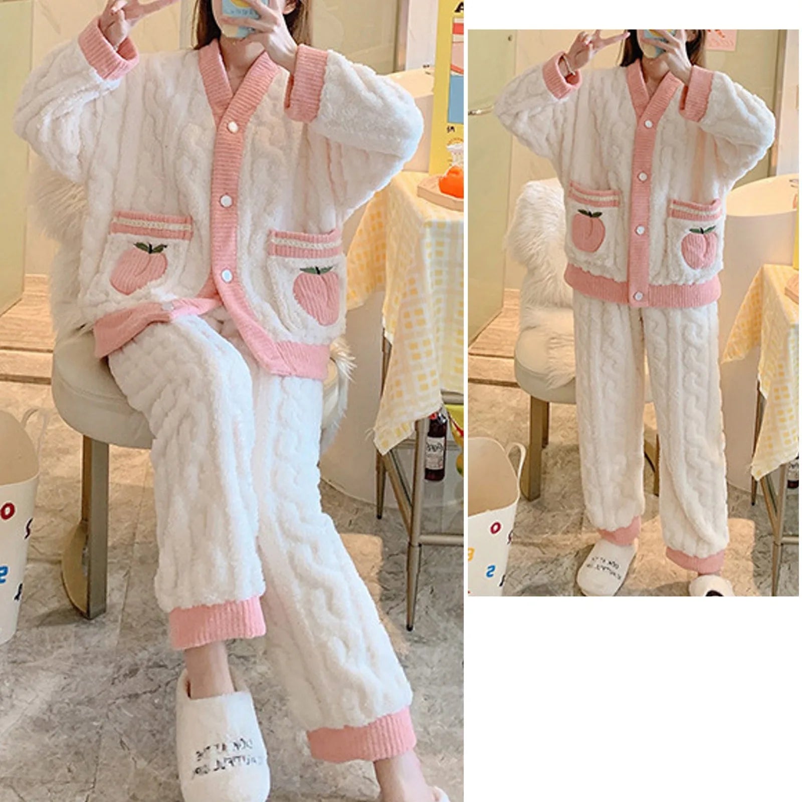 Women's Fleece Flannel Pajamas Set Cute Fruit Contrast Color Warm Plush Loungewear For Women Thickened Homewear Warm Nightwear