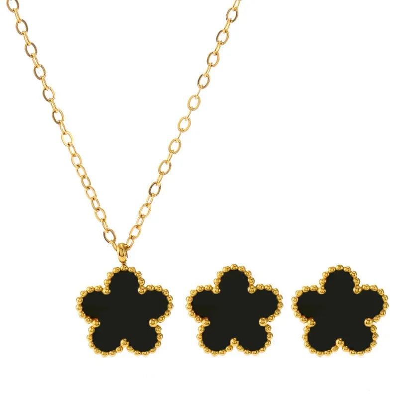 Lucky Five-petal Flower Clover Earrings Necklace Ring Bracelet Five-piece set for Woman Fashionable Accessories Party Jewelry