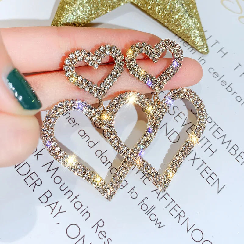 Luxury Big Double Love Heart Rhinestone Drop Earrings for Women Girls Crystal Korean Statement Wedding Party Ear Jewelry Gifts