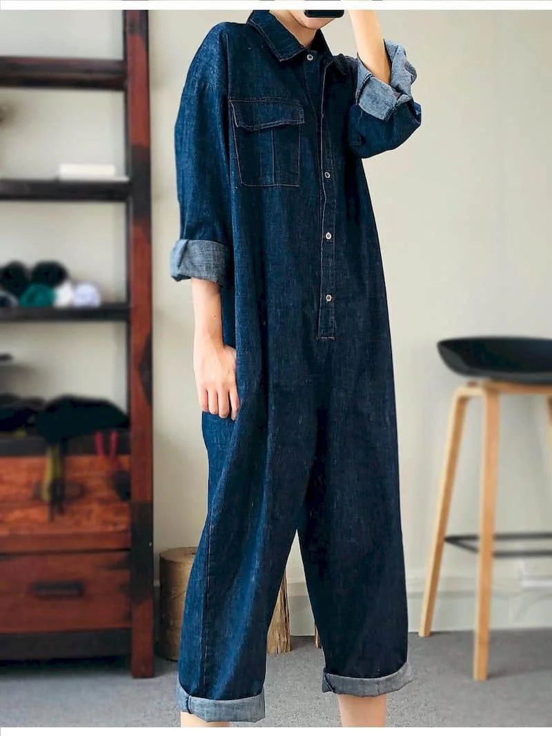 Oversized Denim Jumpsuit Suit Women Blue Denim Long Sleeve Playsuits High Waist New Fashion Tops Casual One Piece Outfit Women