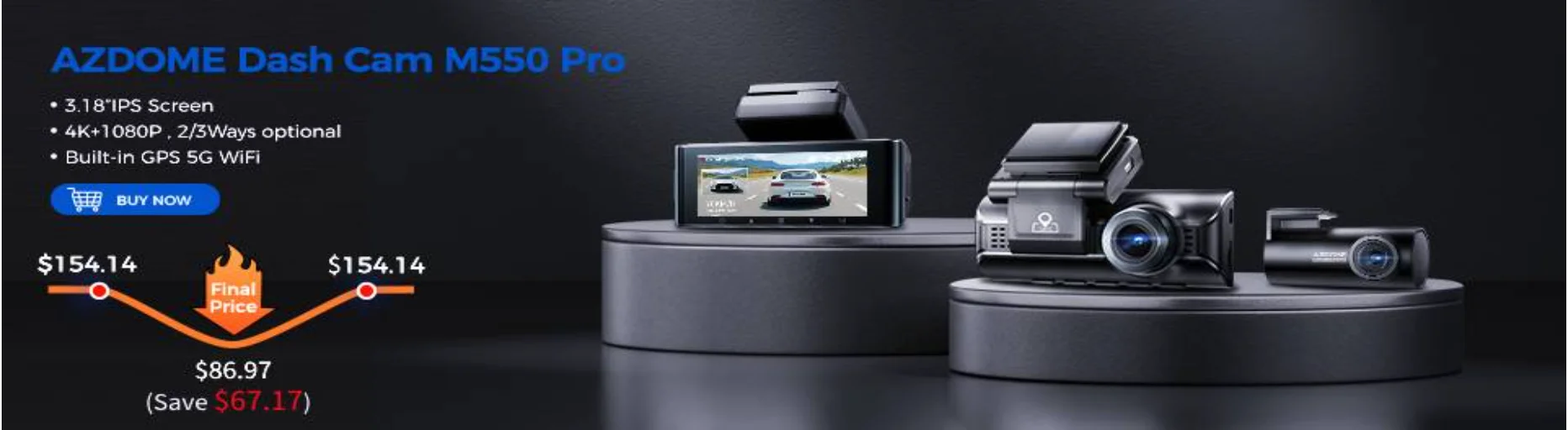 Upgrade AZDOME M550 Pro Car DVR Dash Cam 4K 5.8Ghz WiFi 2/3 Cameras Front/Cabin/Rear Cam GPS Night Vision Parking Monitor داش كا