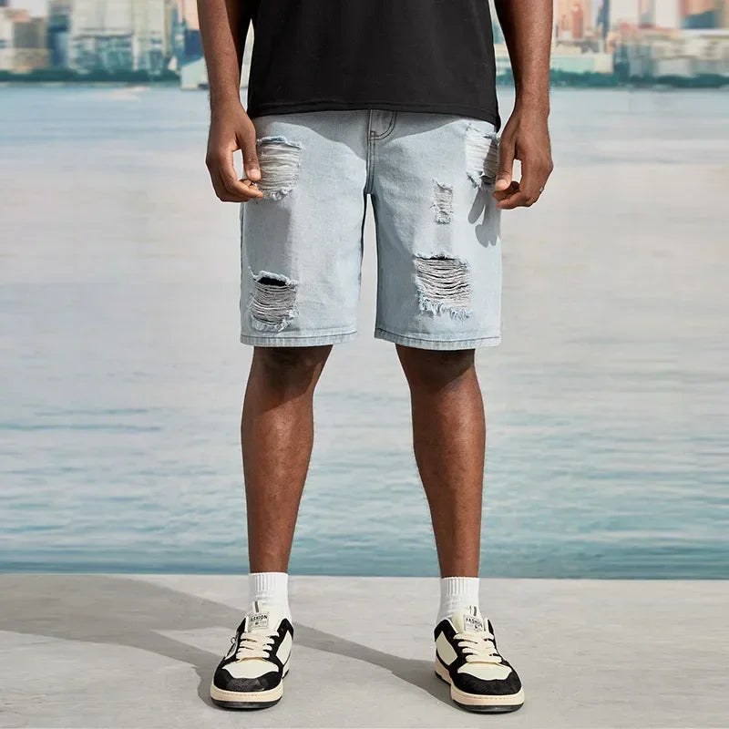 New Men's Korean-style Casual Ripped Denim Shorts, Street Handsome, Loose Straight-leg, Large-size Five-point Pants.