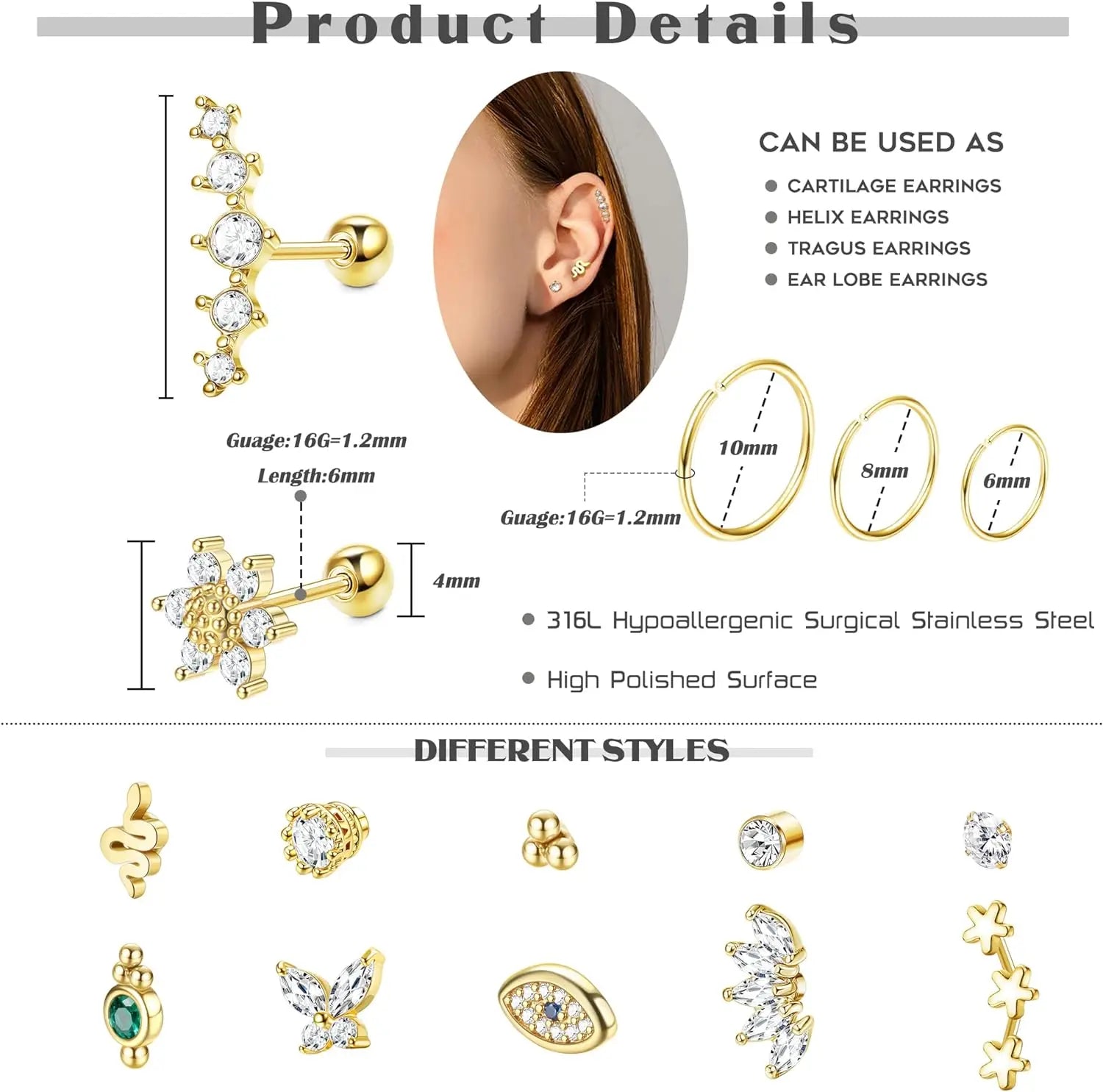 FASACCO 1Pc 16G Helix Earrings for Women Surgical Steel Tragus Helix Piercing CZ Ear Piercing Studs Cartilage Earrings Piercing