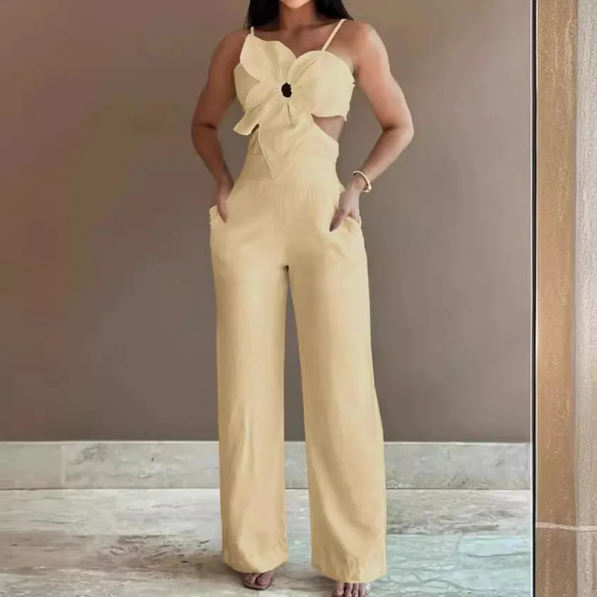 Women Spring Summer Onepiece Trousers Jumpsuits Solid Color Sleeveless Hollow Out Wide Leg Pants Casual Fashion Regular Backless