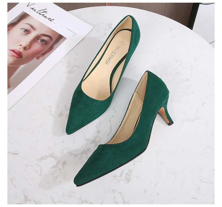 Low Heel Pumps Lady Pointed Toe Kitten Heels Female Green Flock Plus Size 43 44 45 46 Red Shoes 2023 Women 5cm High Heels