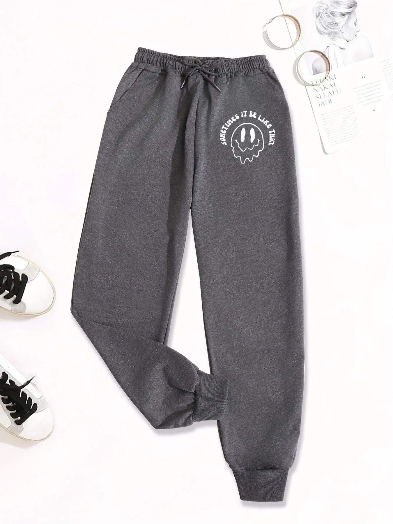 Graphic and Letter-printed Drawstring Unisex Sweatpants, Casual Diagonal Pocket Jogging Pants for Fall and Winter Women