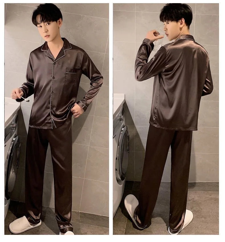 Men's Casual Pajamas Sets Oversized Silk Mens Pajama Pants Sets Satin Long Sleeve Sleepwear Home Pijama Night Wear Loungewear