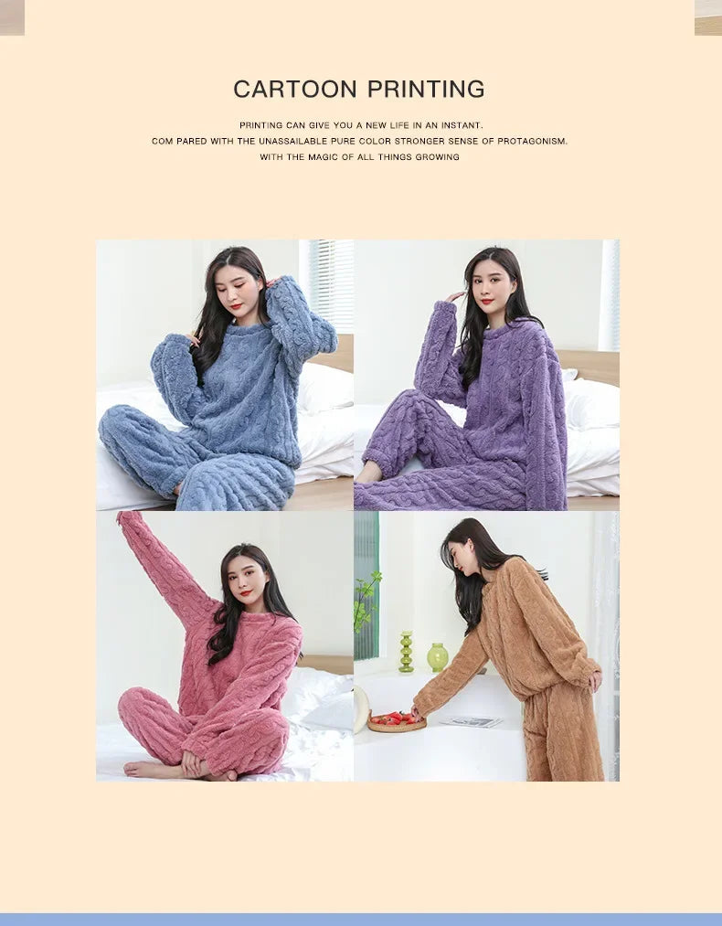 Women Fleece Pajamas Set 2024 Winter Sleepwear Solid Velvet 2 Piece Pant Home Suit Fluffy Casual Pajamas Warm O-neck Night Wear