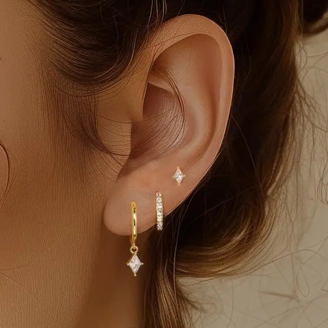 3PCS Unique Cubic Zircons Star Dangly Hoop Earrings Set for Women Tiny Stud Ear Cartilage Piercing 3 Holes Mismatched Jewelry