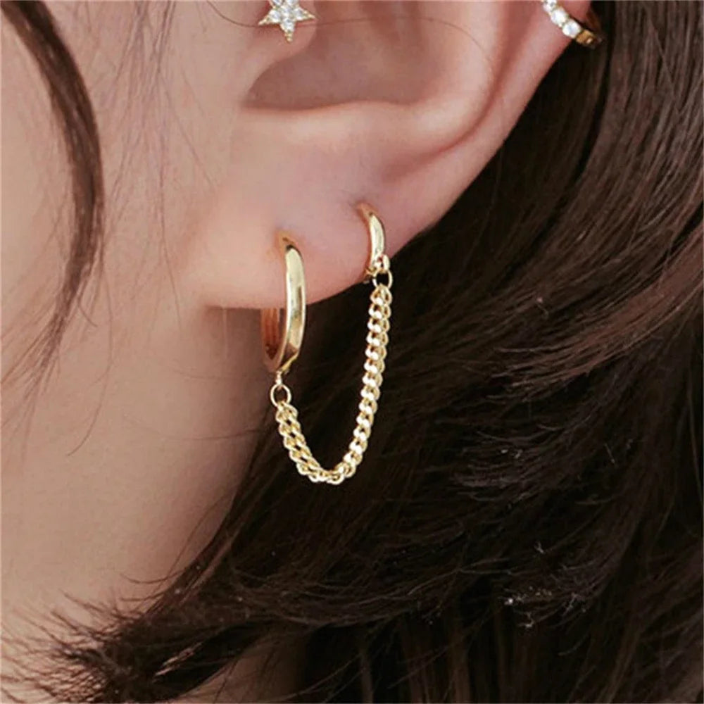 Designer One Ear Chain Earrings For Women Sleeper Double Ear Holes Piercing Ear Rings Decorations For Girls pendientes de aro