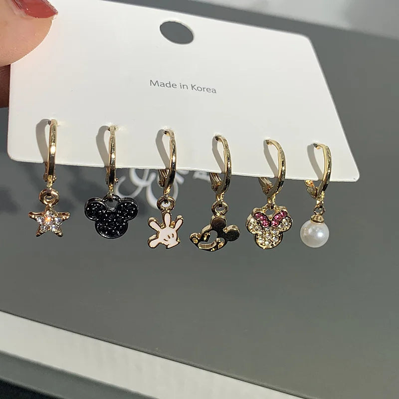 6PCS/Set Disney Mickey Mouse Earrings for Women Girl Anime Jewelry Accessor Asymmetrical Fashion Stud Earring Kids Birthday Gift