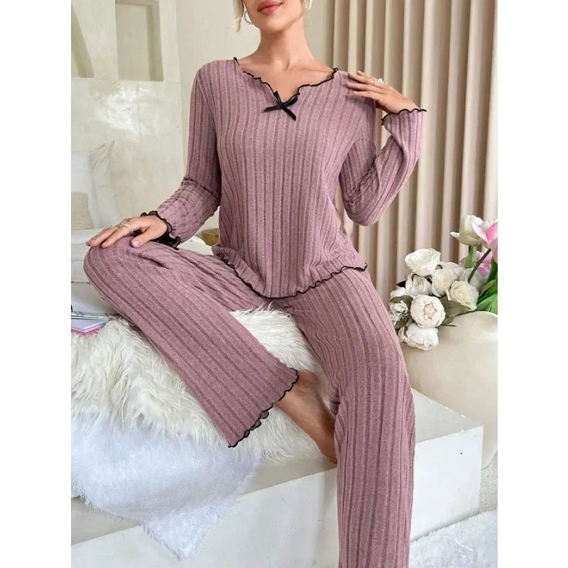 Autumn Winter Sleepwear Ribbed Pajamas Set Women Long Sleeve Top and Long Pants 2 Piece Casual Homewear Loungewear