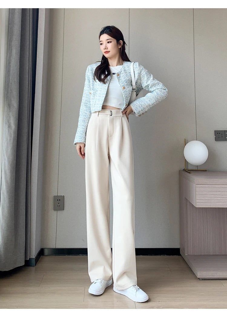 Seoulish Autumn Winter Thicken Woolen Casual Loose Full Length Pants 2023 New Button High Waist Chic Wide Leg Trousers Female