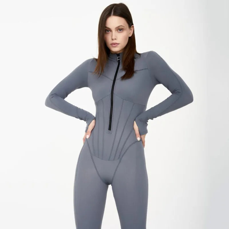 Sexy Sporty Women Zip-up O-neck Long Sleeve Jumpsuit Streetwear Autumn Female Overalls One Piece Fitness Sports Bodysuits