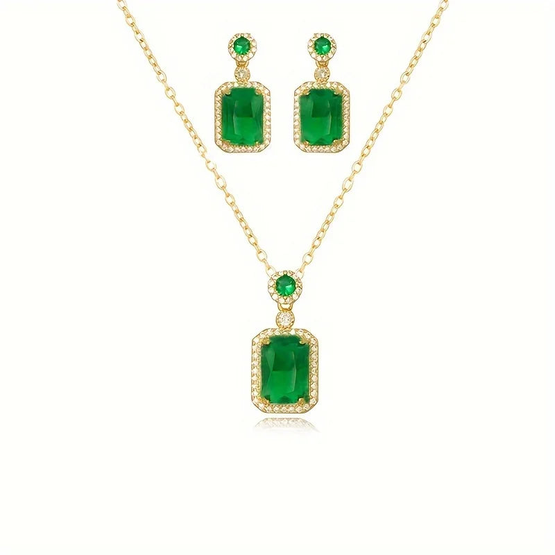 Rhinestone Pendant Necklace Stud Earrings Set Cubic Zirconia Green JewelryRed Jewelry Sets Daily Accessories Gift inANiche Style