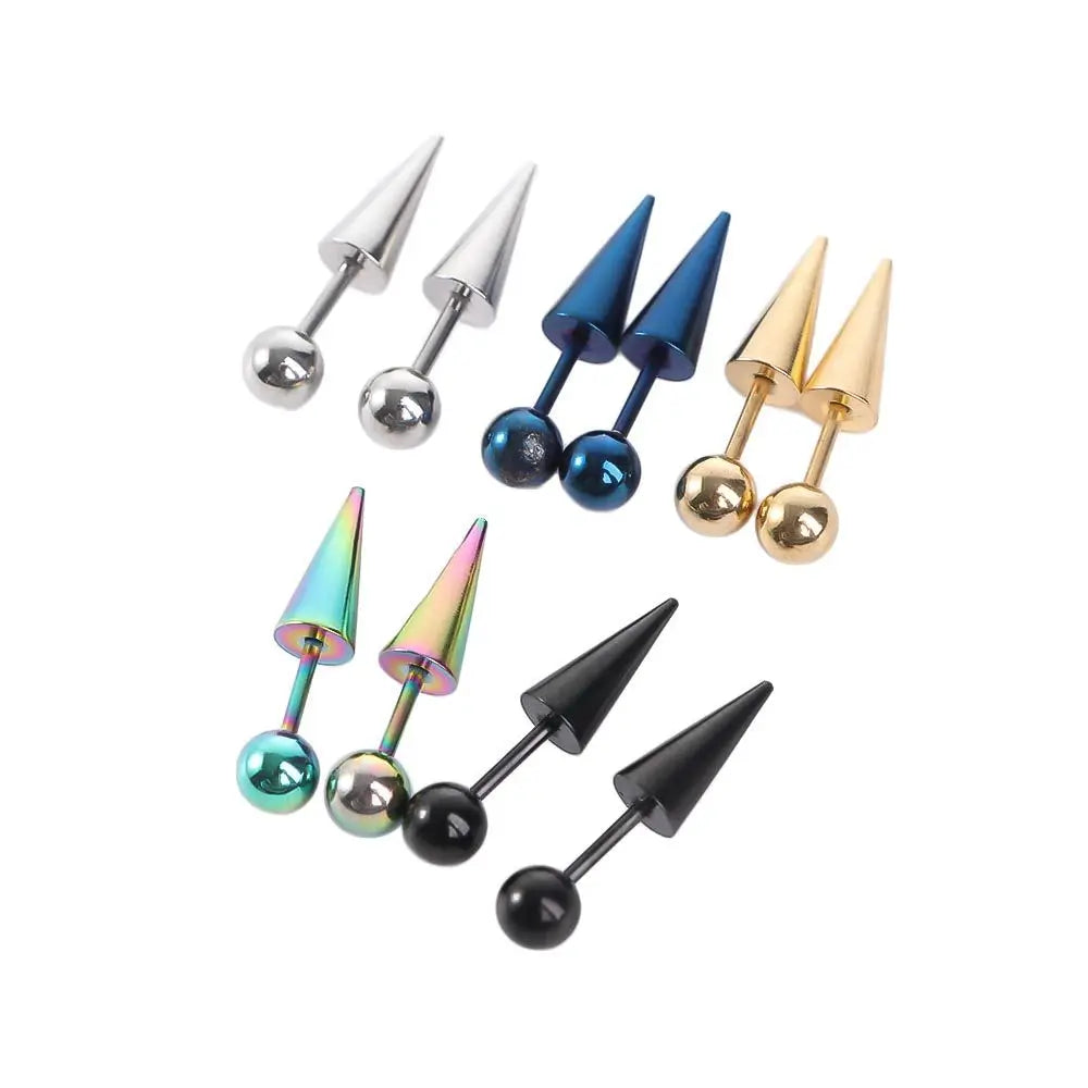 2 Pcs Men Spike Cone Tip Round Ball Fashion Jewelry Ear Stud Titanium Steel Piercing Earrings