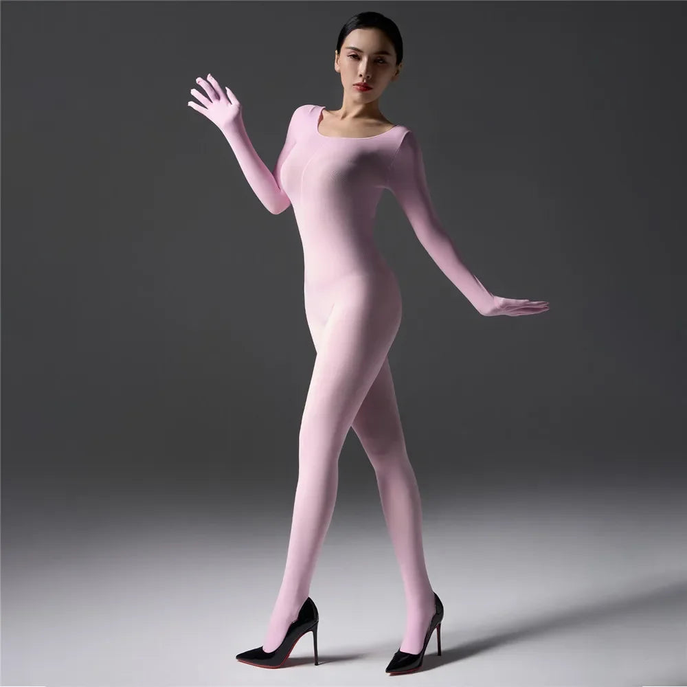 Women's Jumpsuit With Hooded High Elastic Unitard Oil  Shiny Glossy Sexy Bodysuit Five Finger Gloves Tights Skinny Shaper Wear