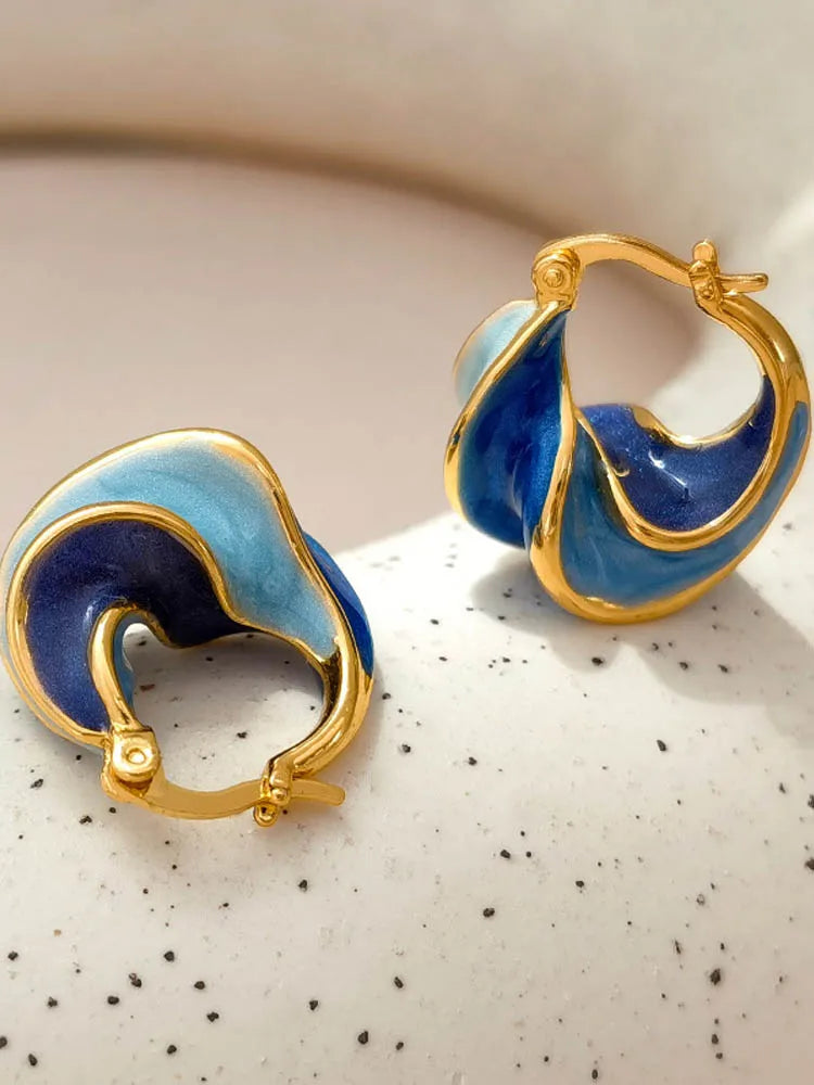 New Trendy Enamel Blue Color Metal Texture Small Hoop Earrings for Women Gold Plated Statement Ear Buckle Creative Jewelry Gifts