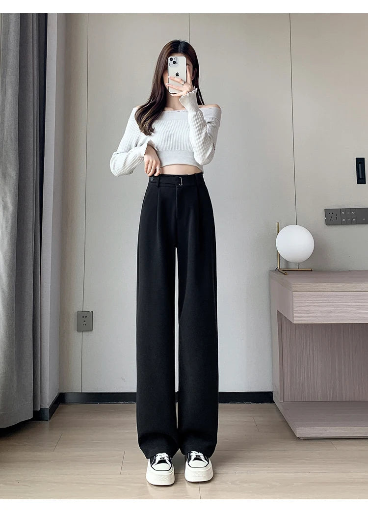 Seoulish Autumn Winter Thicken Woolen Casual Loose Full Length Pants 2023 New Button High Waist Chic Wide Leg Trousers Female