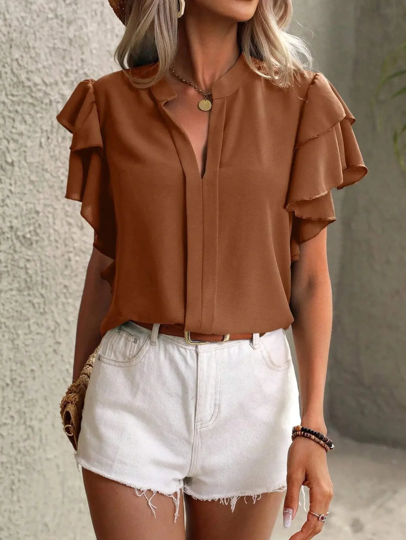 Summer Women's Shirt Solid Color V-neck Short Sleeve Pullover New Office Lady Ruffle Sleeve Casual Blouse Women Tops S-XXL Shirt